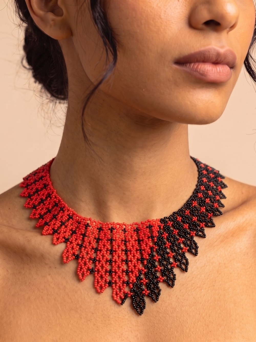 Bold Red & Black Beaded Fringe Necklace
